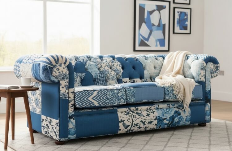 Chesterfield Thomas 3 Seater Charles Patchwork Blue Sofa Offer