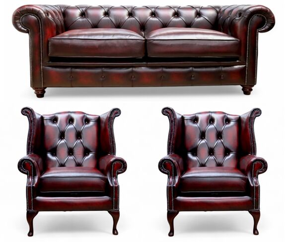 Duke Chesterfield 3 Seater + 2 x Duke Queen Anne Chairs Sofa Suite Antique Oxblood Leather