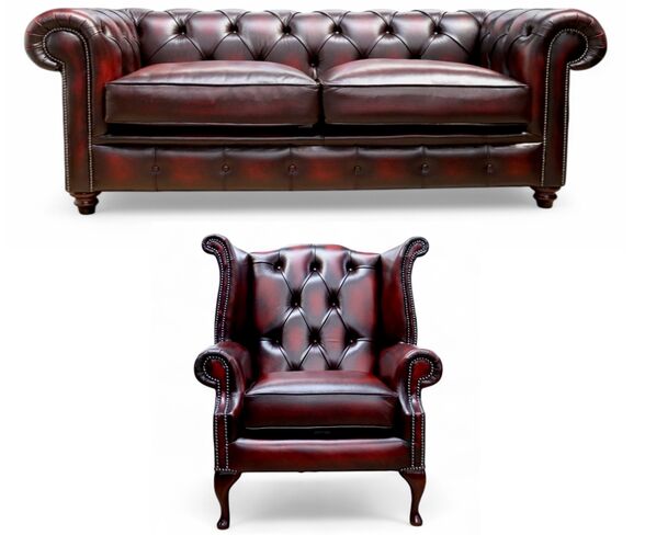 Duke Chesterfield 3 Seater + Duke Queen Anne Chair Sofa Suite Antique Oxblood Leather