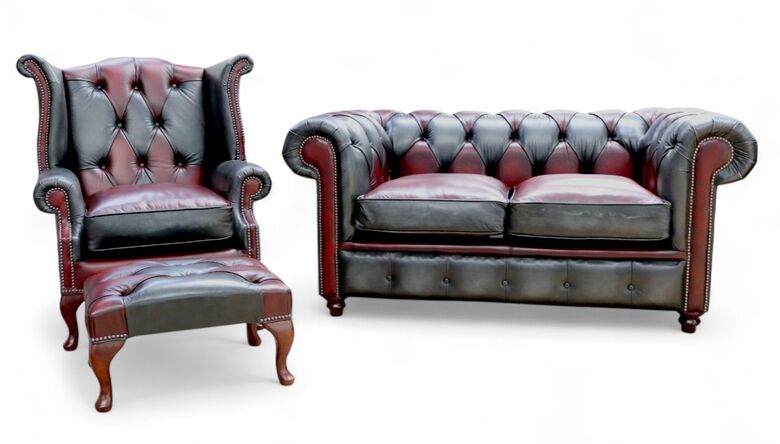 Duke Patchwork Devil Chesterfield 2 + Queen Anne Chair + Footstool Sofa Suite Antique Leather