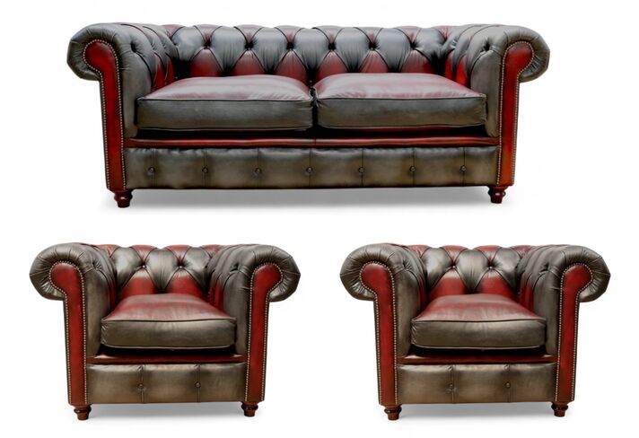 Duke Patchwork Devil Chesterfield 3+Club+Club Seater Sofa Suite Antique Oxblood & Grey Leather