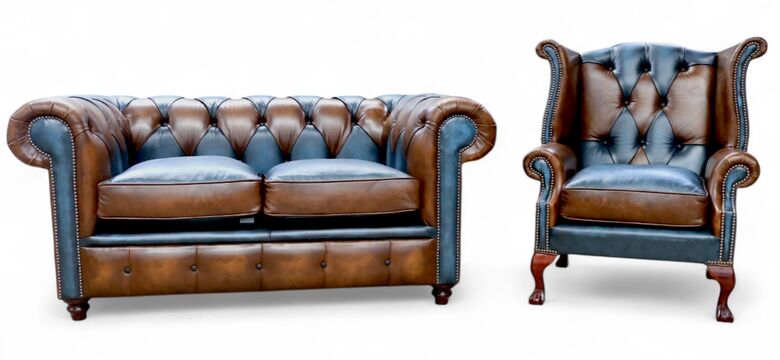 Duke Patchwork Heritage Chesterfield 2+Queen Anne Chair Sofa Suite Antique Tan & Blue Leather