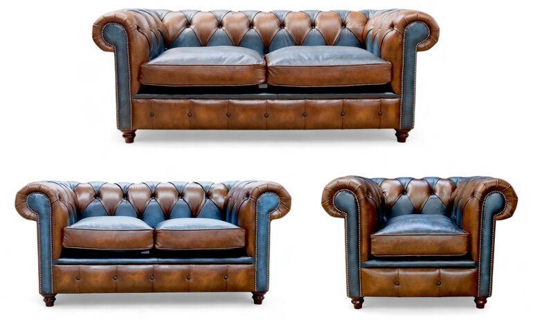Duke Patchwork Heritage Chesterfield 3+2+1 Seater Sofa Suite Antique Tan & Blue Leather