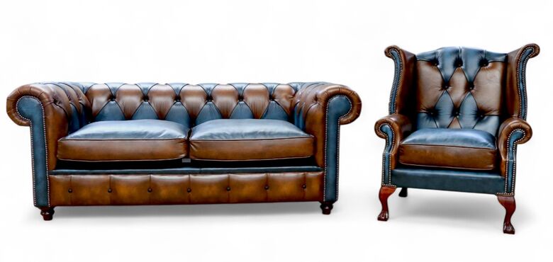 Duke Patchwork Heritage Chesterfield 3 + Queen Anne Chair Sofa Suite Antique Tan & Blue Leather