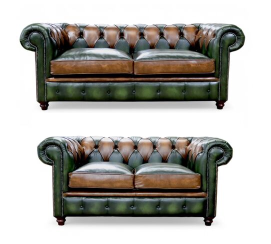 Duke Patchwork Legacy Chesterfield 3+2 Seater Sofa Suite Antique Tan & Green Leather