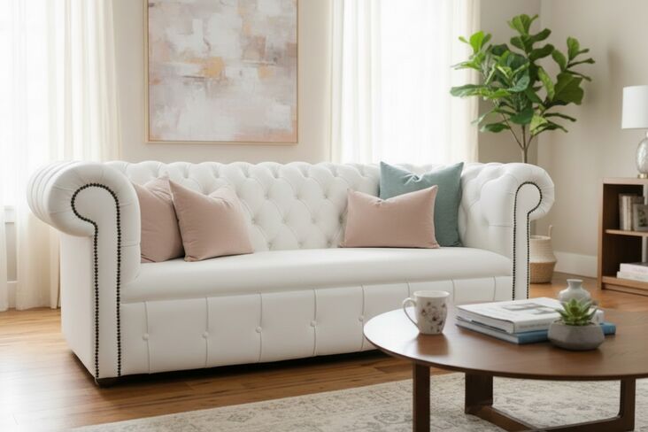 Luxurious White Chesterfield Leather Sofa Fixed Seat – Timeless Elegance & Comfort