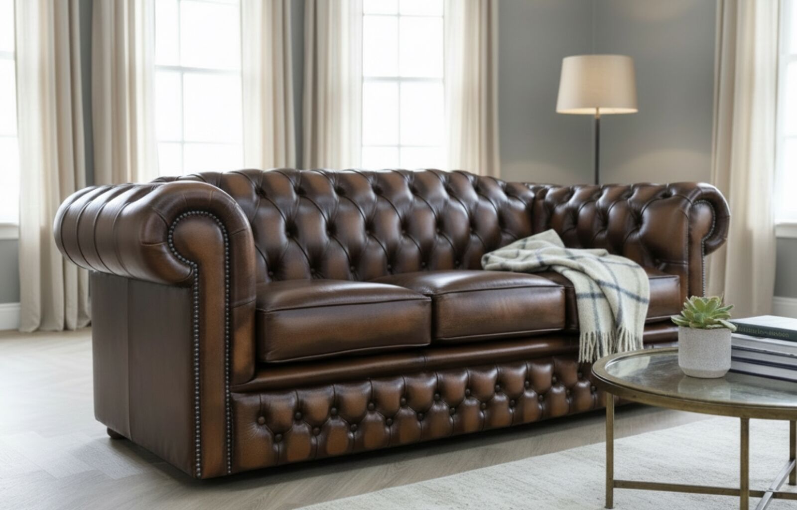 William Chesterfield Sofa Antique Tan Leather Luxurious Tufted 3 Seater