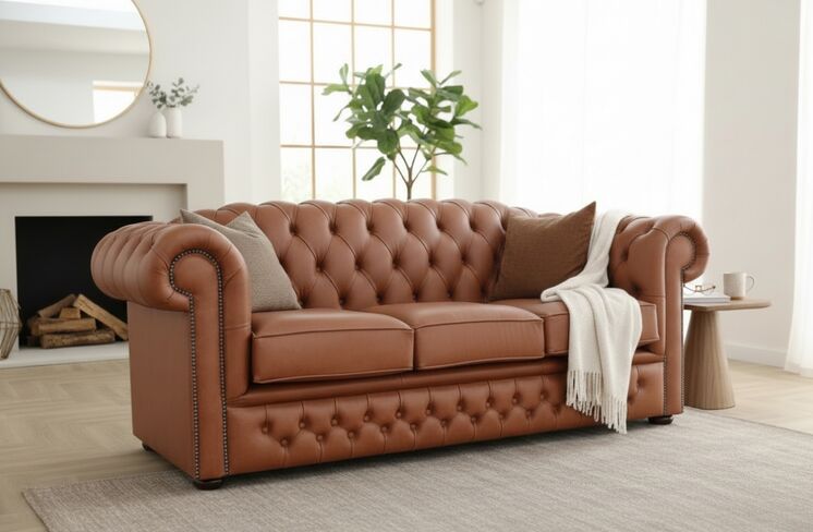 William Chesterfield Sofa – Minstral Cinnamon Leather  Luxurious Tufted 3 Seater
