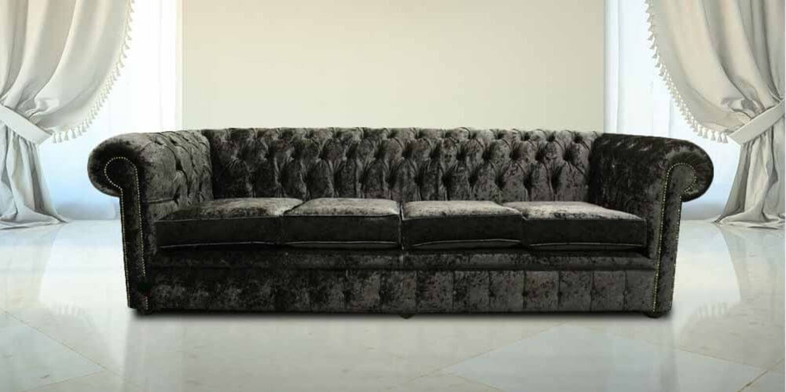 Product photograph of Chesterfield 4 Seater Settee Senso Black Ebony Velvet Fabric Sofa Offer from Designer Sofas 4U