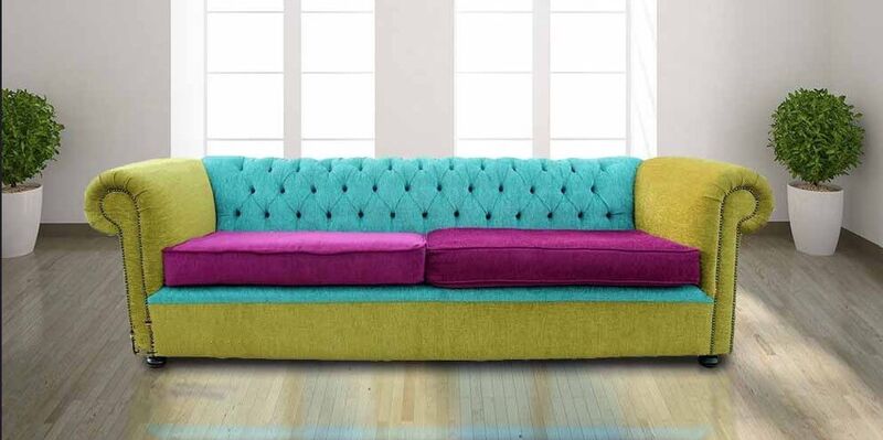 Product photograph of Chesterfield 4 Seater Settee Sofa Bespoke Fabric Lime Aubergine from Designer Sofas 4U