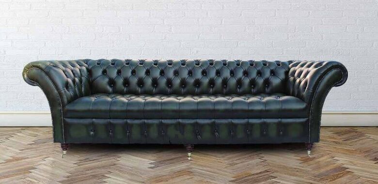 Chesterfield Balmoral 4 Seater Sofa Buttoned Seat Settee Antique Green Leather