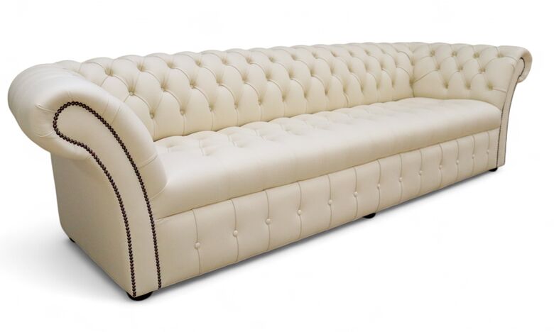 Chesterfield Balmoral 4 Seater Sofa Cottonseed Cream Leather Buttoned Seat