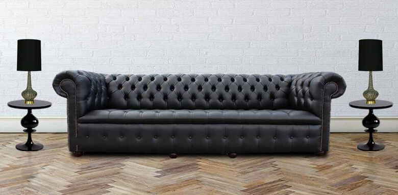 Chesterfield 4 Seater Settee Buttoned Seat Old English Black Leather Sofa Offer