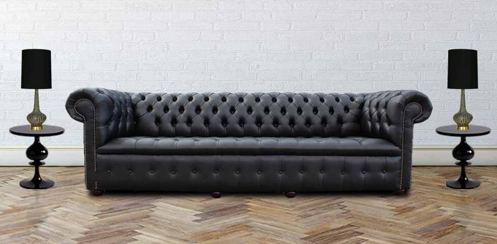 Old English Black Leather 4 Seater, Black Leather Chesterfield Sofa