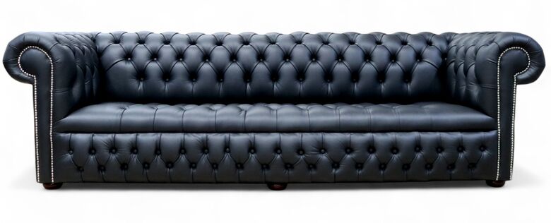 Chesterfield Winchester 4 Seater Settee Buttoned Seat Black Leather Sofa