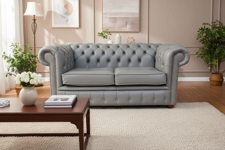 Belvedere Chesterfield 2 Seater Vele Iron Grey Leather Sofa