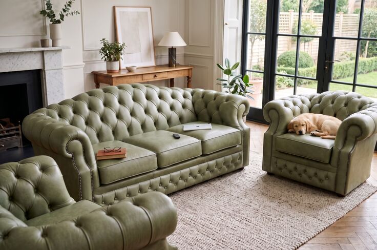 Bradwell Chesterfield 3+1+1 Sofa Suite Minstral Olive Green Leather