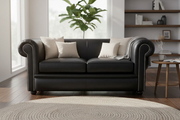 Chesterfield 1930 2 Seater Settee Old English Black Leather Sofa