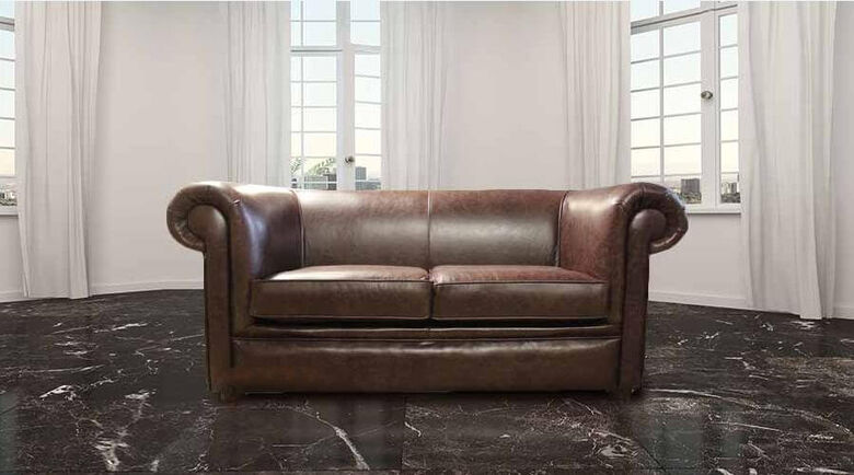 Chesterfield 1930's 2 Seater Settee Old English Dark Brown Leather Sofa
