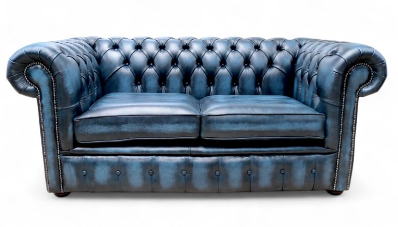 Chesterfield 2 Seater Antique Blue Leather Sofa