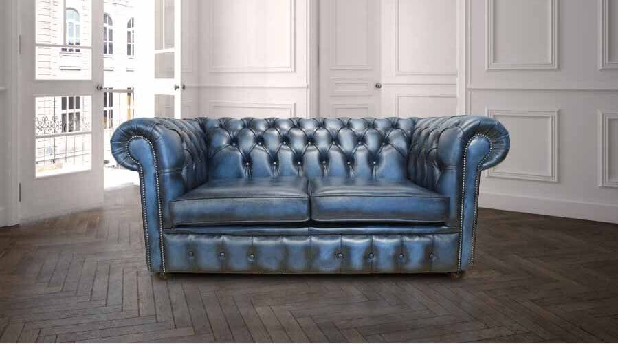 Chesterfield 2 Seater Sofa Antique Blue, Blue Leather Sofa