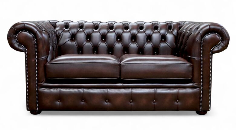 Chesterfield 2 Seater Antique Brown Real Leather Sofa