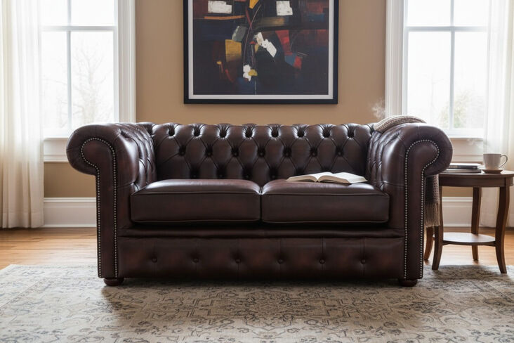 Chesterfield 2 Seater Antique Brown Real Leather Sofa