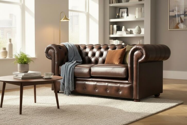 Chesterfield 2 Seater Antique Brown Real Leather Sofa