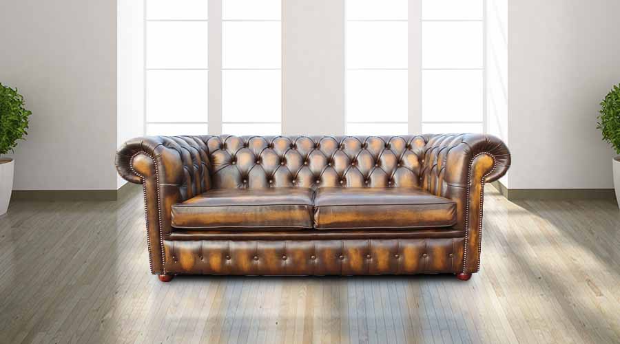 Chesterfield British Handmade 2 Seater, Gold Leather Sofa