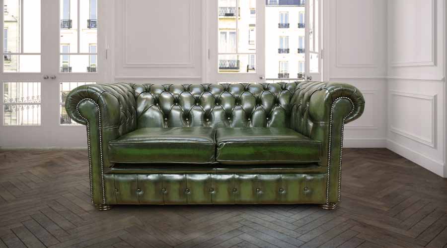 2 Seater Green Antique Leather, Leather Chesterfields Uk