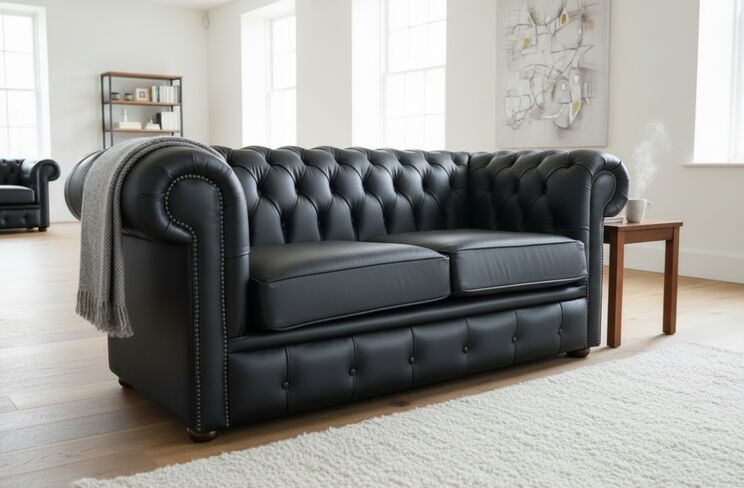 Chesterfield 2 Seater Black Leather Sofa Offer