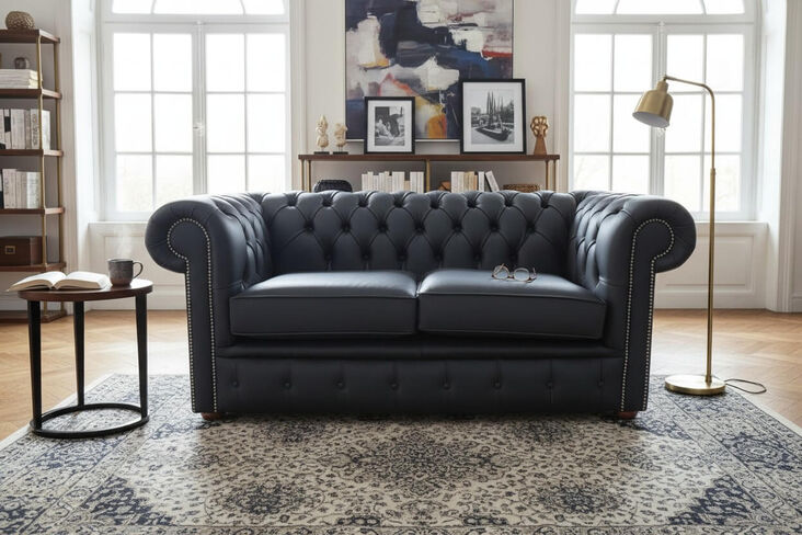Chesterfield 2 Seater Black Leather Sofa Offer