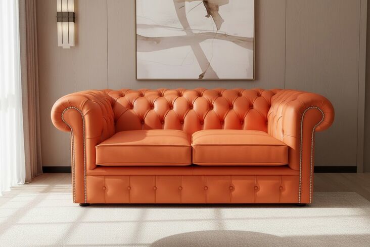 Chesterfield 2 Seater Flamenco Orange Leather Sofa Offer