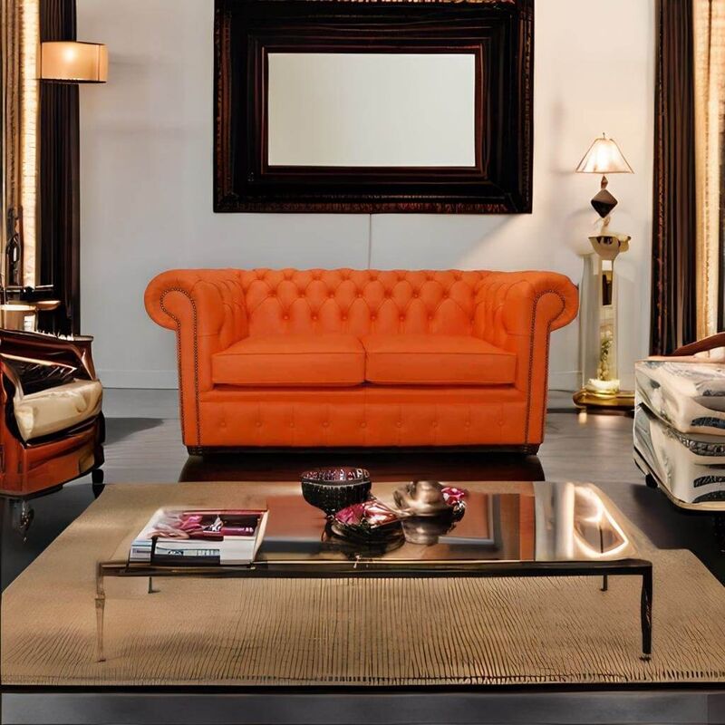 Product photograph of Chesterfield 2 Seater Flamenco Orange Leather Sofa Offer from Designer Sofas 4U