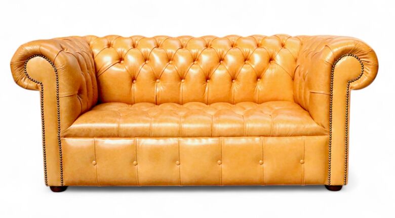 Chesterfield 2 Seater Settee Buttoned Seat Old English Buckskin Leather Sofa