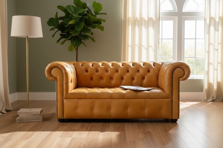 Chesterfield 2 Seater Settee Buttoned Seat Old English Buckskin Leather Sofa