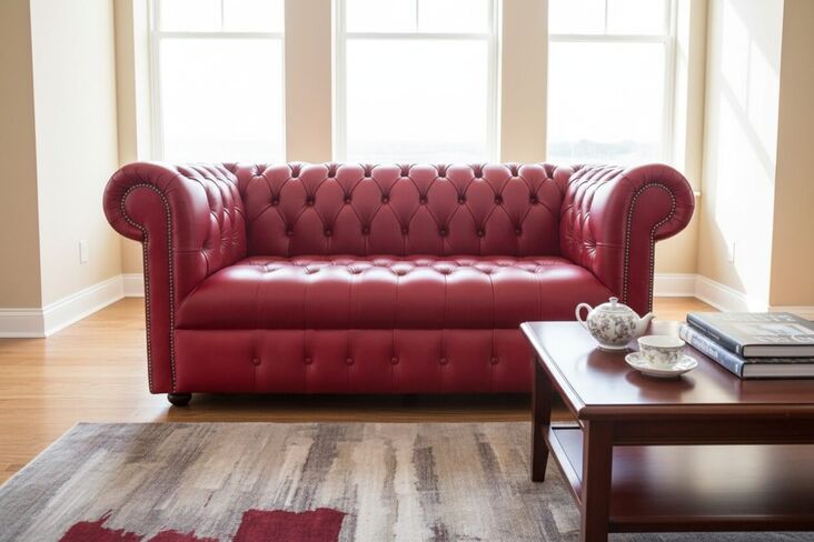 Chesterfield 2 Seater Settee Buttoned Seat Old English Gamay Leather Sofa