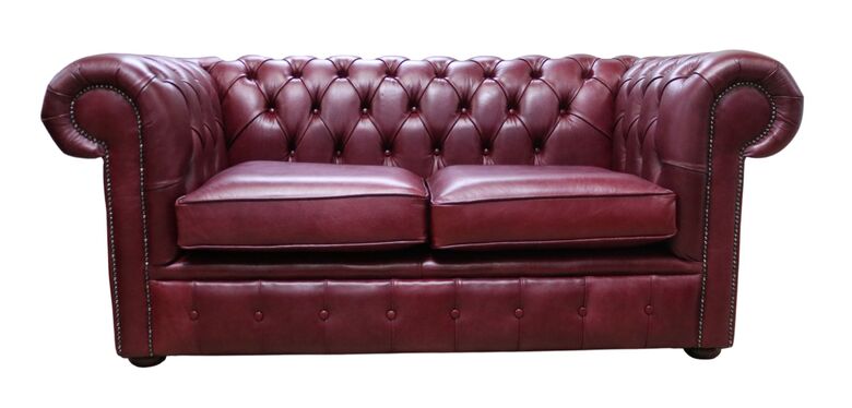 Chesterfield 2 Seater Settee Old English Burgandy Leather Sofa
