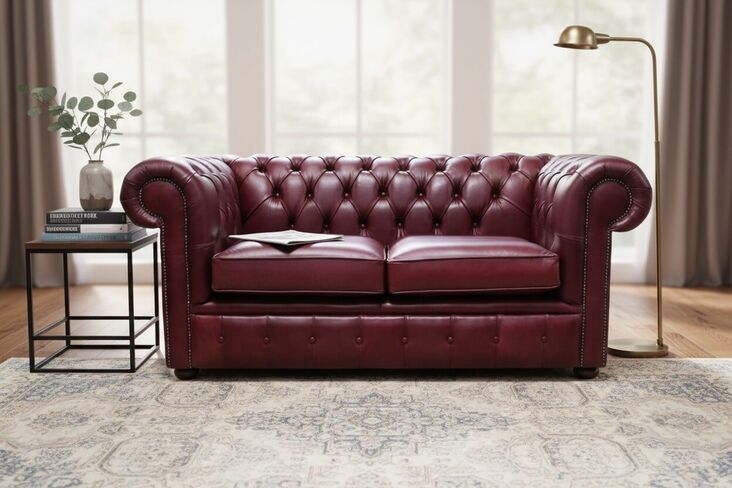Chesterfield 2 Seater Settee Old English Burgandy Leather Sofa