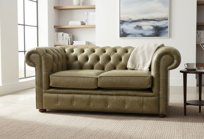 Chesterfield 2 Seater Settee Old English Olive Leather Sofa