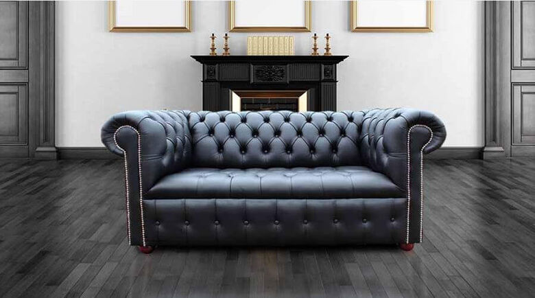 Chesterfield Edwardian 2 Seater Settee Sofa Buttoned Seat Black Real Leather Silver Studding