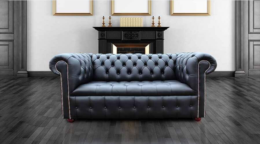 Chesterfield Edwardian 2 Seater Settee, Silver Grey Leather Chesterfield Sofa