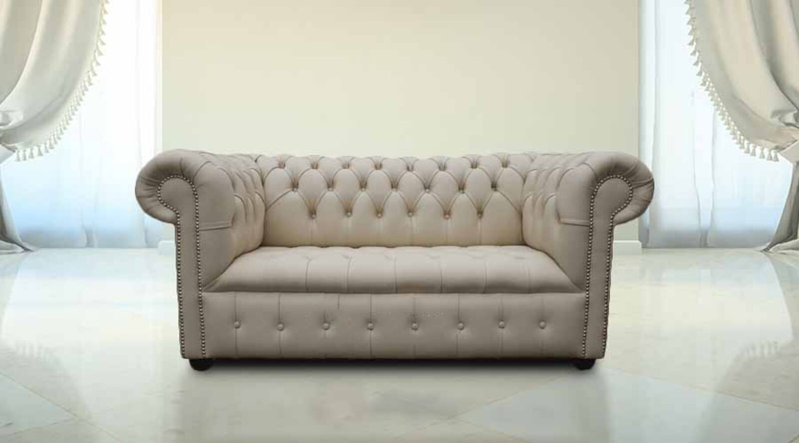 Product photograph of Chesterfield 2 Seater Settee Sofa Buttoned Seat Ivory Cottonseed Leather from Designer Sofas 4U