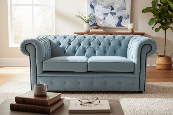Chesterfield 2 Seater Settee Velluto Duck Egg Fabric Sofa Offer