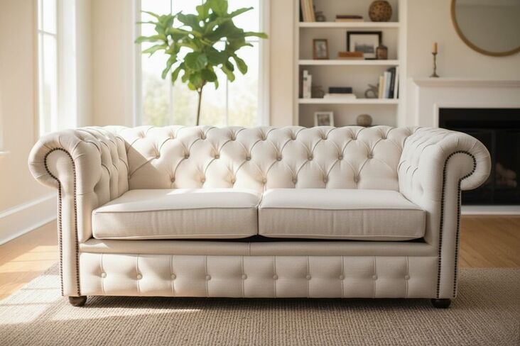 Chesterfield 2 Seater Settee Zoe Plain Parchment Fabric Sofa Offer