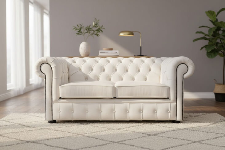 Chesterfield 2 Seater Shelly White Real Leather Sofa Offer