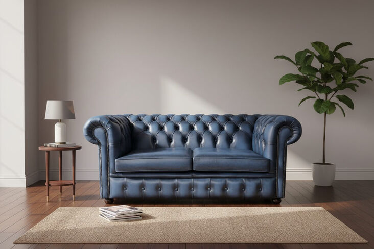 Chesterfield 2 Seater Sofa Antique Blue Real Leather