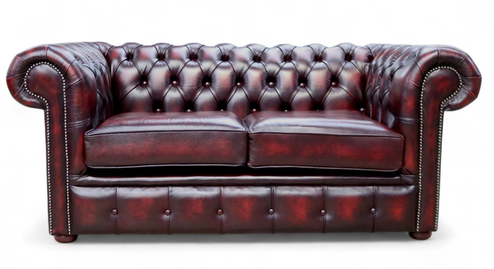 Chesterfield 2 Seater Sofa Antique Oxblood Red Real Leather