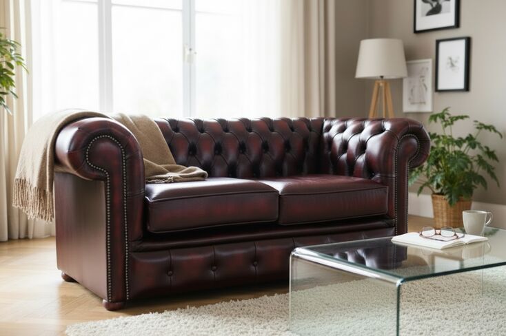 Chesterfield 2 Seater Sofa Antique Oxblood Red Real Leather