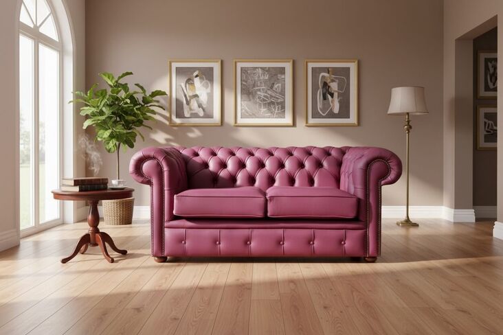 Chesterfield 2 Seater Sofa Settee Aubergine Leather Sofa Offer
